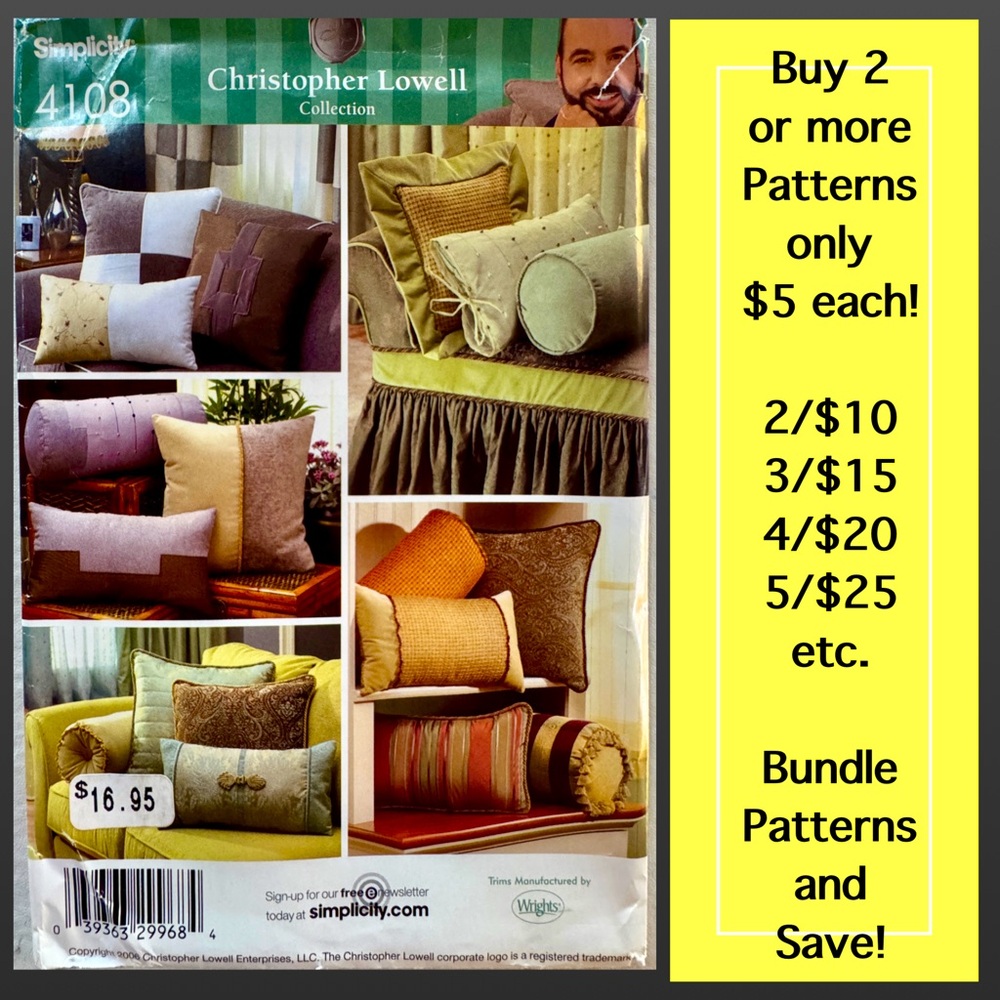 Simplicity 4108 Pillows Uncut Sewing Pattern Christopher Lowell